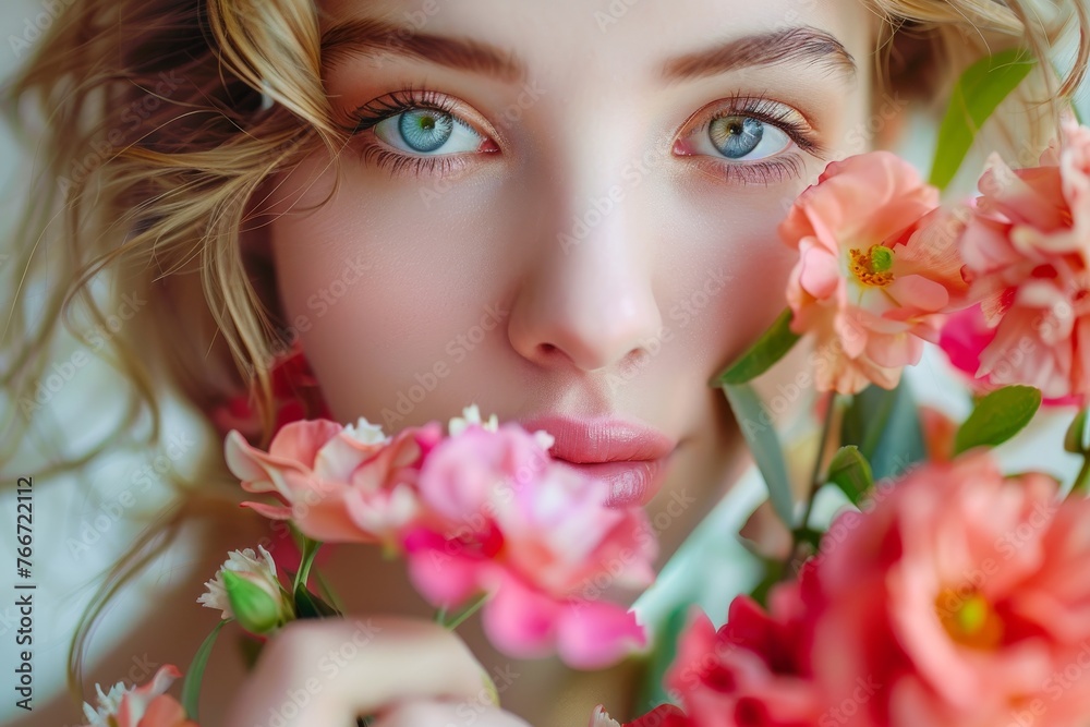 Fototapeta premium Girl with flowers and a mysterious look, vibrant colors