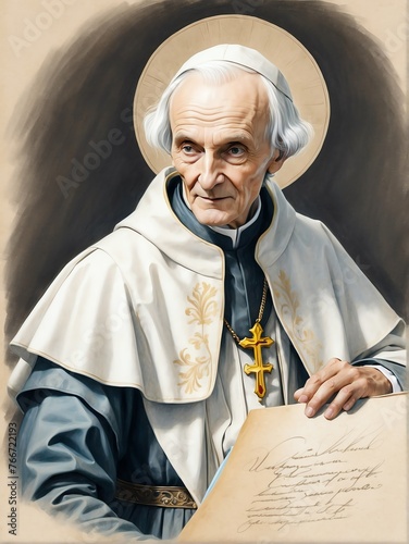 Portrait painting of Saint Vianney illustration art plain white background from Generative AI photo