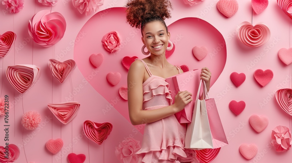 Mulheres fazendo compras! Imagem mostrando uma mulher sorridente com sacolas de compras em um fundo feminino, destacando o poder de compra das mulheres para o comércio, seja ele eletrônico ou físico