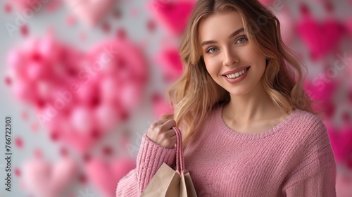 Mulheres fazendo compras! Imagem mostrando uma mulher sorridente com sacolas de compras em um fundo feminino, destacando o poder de compra das mulheres para o comércio, seja ele eletrônico ou físico photo
