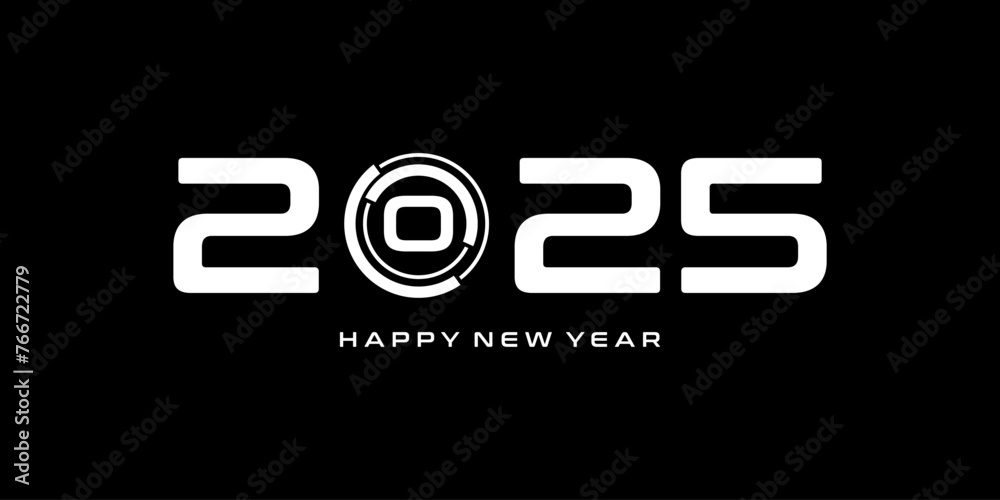 Happy New Year 2025 Background Design. New Year 2025 Design Template with digital technology concept on black background vector Happy New Year 2025 Background Design. New Year 2025 Design Template with digital technology concept on black background vector