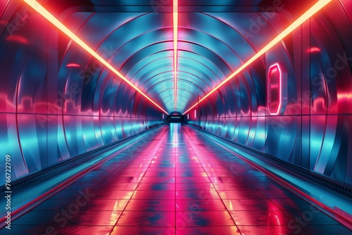 Neon lights reflecting off a metallic tunnel, cybernetic journey concept © Seksan