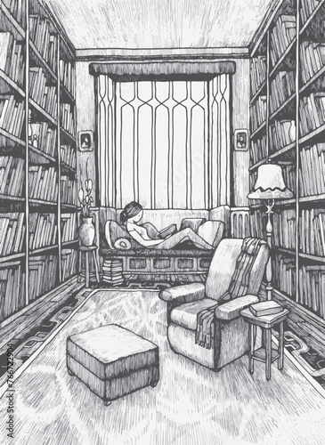 Reading room in relaxing, cozy library. Vector illustration pen and ink style book cover or quiet time signage.
