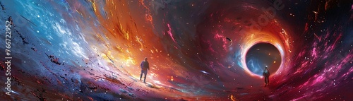 Visualize the breathtaking moment when explorers breach into subspace realms from above Use striking colors and dynamic composition to convey the excitement and fearlessness of the adventurers as they