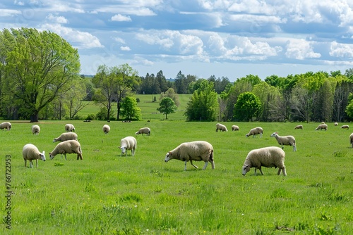 A herd of sheep grazing on lush green pastures in springtime.