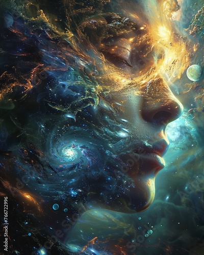 Bring the concept of quantum consciousness to life with a surreal image at eye-level Picture a fragmented mirror reflecting multiple versions of a persons perception, surrounded by swirling galaxies a