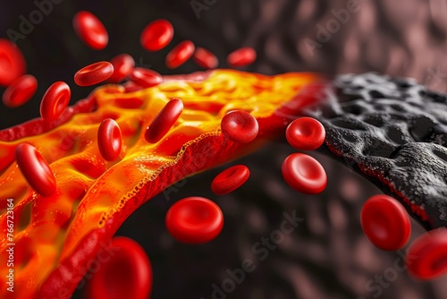 Close up of Erythrocytes in Bloodstream Showing Detailed Blood Cell Movement and Arterial Wall Structure Health and Medicine Concept photo