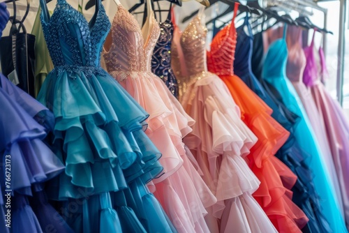 Colorful dresses on hangers in a store display