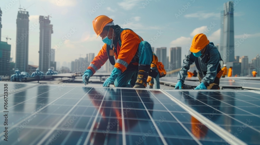 A team of workers in protective gear assembling a large solar panel on a rooftop installation with the city skyline in the background. . AI generation. A team of workers in protective gear assembling a large solar panel on a rooftop installation with the city skyline in the background. . AI generation.