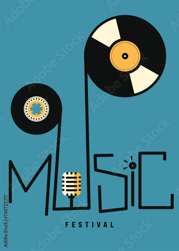 Music festival poster template design background with retro vinyl record and cassette tape © thenatchdl
