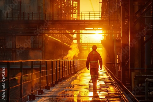 Worker Walking in Industrial Plant at Sunset