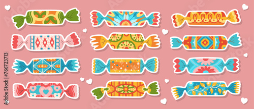 Wrapped candy sticker with ornament. Caramel bonbon lollipop chocolate, cartoon doodle sweets snack set label. Tasty sugar dessert food childish party celebration. Wrapped candy vector illustration