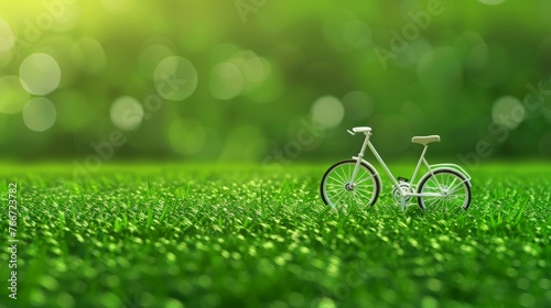 A concept image of a tiny bicycle model on vivid green synthetic turf portraying simplicity
