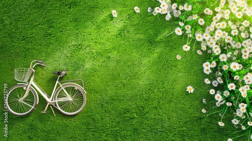 A creative depiction of a white bicycle against a vibrant green wall with floral embellishments