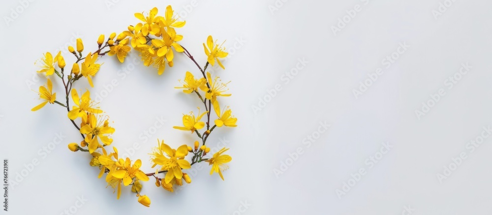 Arrangement of yellow flowers in a wreath set against a white backdrop, symbolizing Easter, spring, and summer. Presented in a flat lay style with a top view and empty space for text. Arrangement of yellow flowers in a wreath set against a white backdrop, symbolizing Easter, spring, and summer. Presented in a flat lay style with a top view and empty space for text.