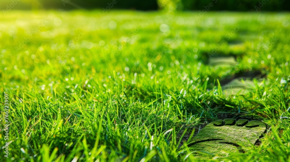 A fresh green lawn bathed in sunlight with a clear imprint of a bare foot amidst the blades of grass A fresh green lawn bathed in sunlight with a clear imprint of a bare foot amidst the blades of grass
