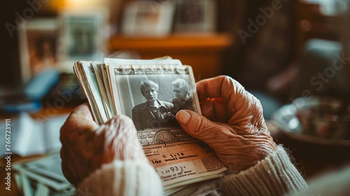 Intimate shot of a pair of hands holding a family photo over a pile of unpaid bills, symbolizing the personal toll of financial crises, with foreclosure notices blurred in the distance photo