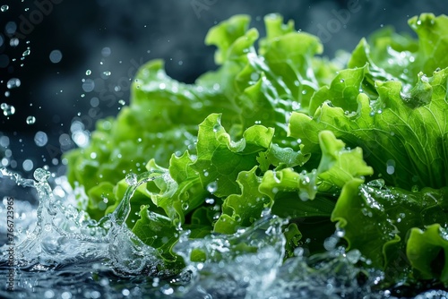 Fresh green lettuce leaves with sparkling water splash, highlighting crispness