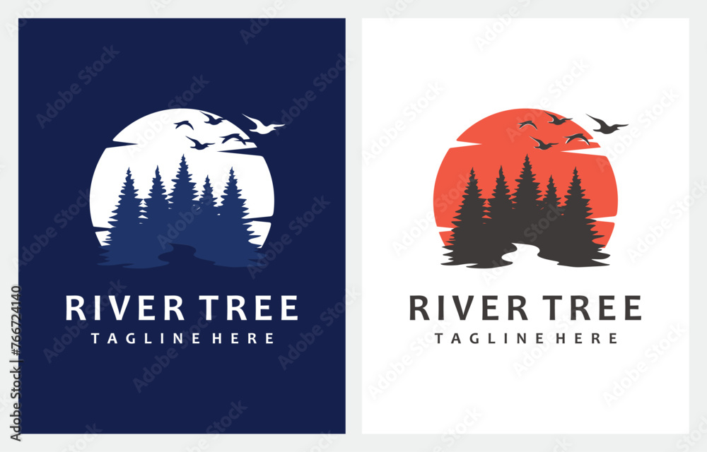 Evergreen Pine Tree with River Creek logo design vector