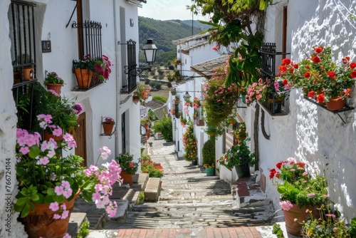 Blooming Greek street with mountain views © InfiniteStudio