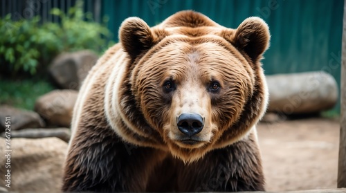 A brown bear in zoo looking at the camera from Generative AI