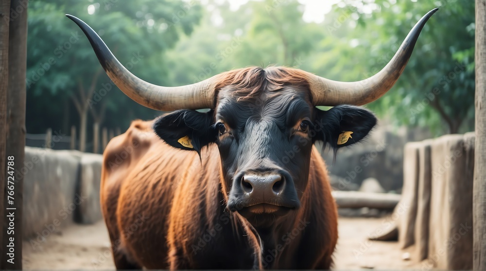A ox in zoo looking at the camera from Generative AI A ox in zoo looking at the camera from Generative AI