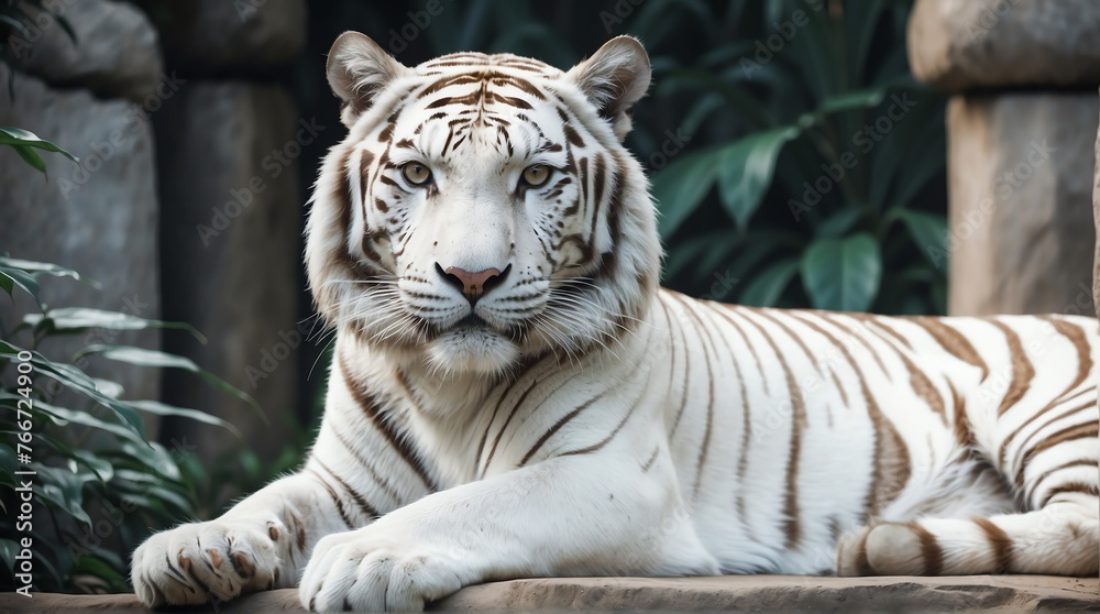 A white tiger in zoo looking at the camera from Generative AI