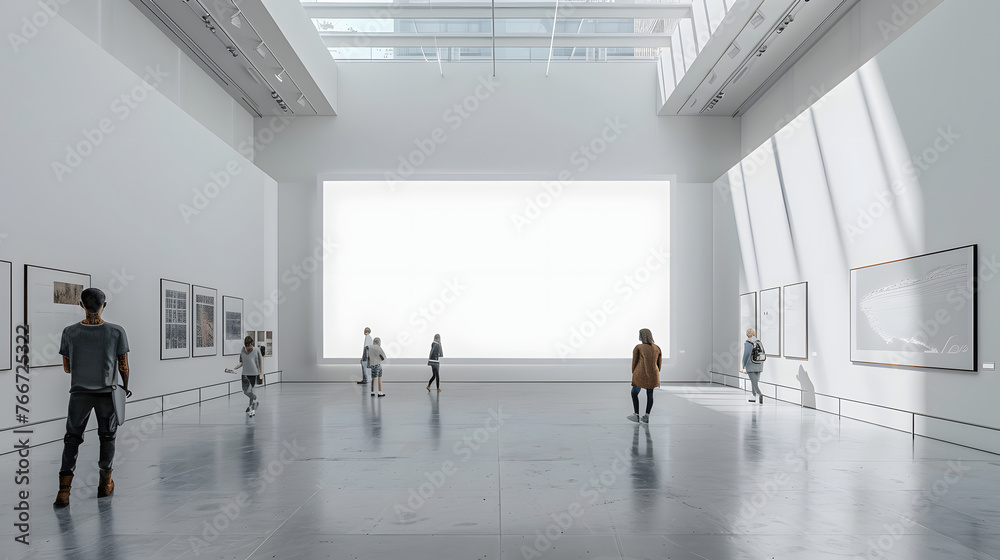 A large empty gallery with a mock up big screen on the wall and several people walking around. A large empty gallery with a mock up big screen on the wall and several people walking around.