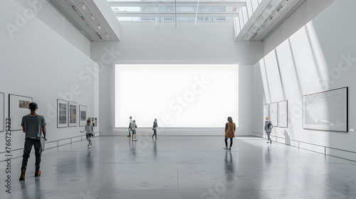 A large empty gallery with a mock up big screen on the wall and several people walking around.