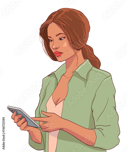 Girl with a gadget. Portrait of a romantic pretty woman, she is holding a mobile phone in her hands and typing a message, watching social networks. Business lady in a suit, olive jacket. Vector
