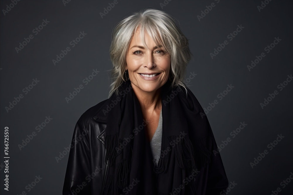 Portrait of a beautiful senior woman with grey hair wearing a black jacket.