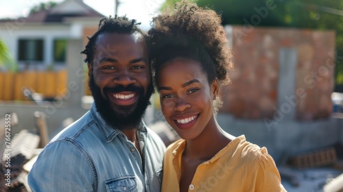 Happy couple standing near new under construction house. Background concept