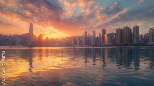 As the sun sets behind the tall buildings the city skyline casts a romantic glow over the still waters of the waterfront creating a picturesque and serene atmosphere.
