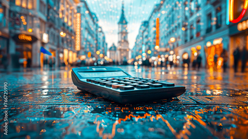 A calculator on a wet city street at night, reflecting lights, symbolizing urban finance and economy photo