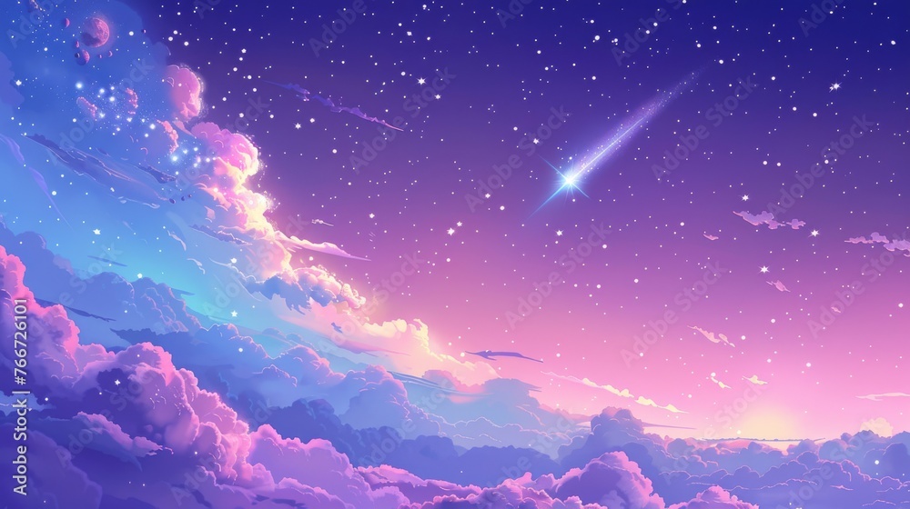 Dreamy Pastel Sky with Clouds, Stars, and Distant Planets at Sunset