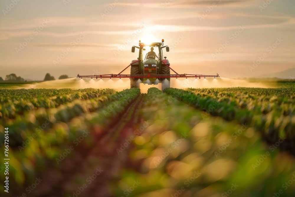 A tractor spraying pesticide on soybean farm at spring sunset. A tractor spraying pesticide on soybean farm at spring sunset.
