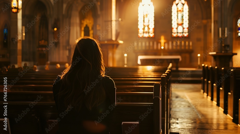 Rear view of young woman praying in church Rear view of young woman praying in church