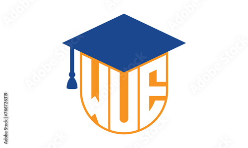 WUE initial letter academic logo design vector template. school college logo, university logo, graduation cap logo, institute logo, educational logo, library logo, teaching logo, book shop, varsity