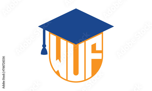 WUF initial letter academic logo design vector template. school college logo, university logo, graduation cap logo, institute logo, educational logo, library logo, teaching logo, book shop, varsity