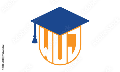WUJ initial letter academic logo design vector template. school college logo, university logo, graduation cap logo, institute logo, educational logo, library logo, teaching logo, book shop, varsity