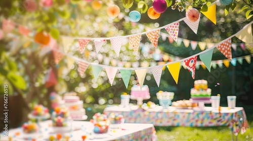 Summer birthday party on backyard with garland and cake. Background concept