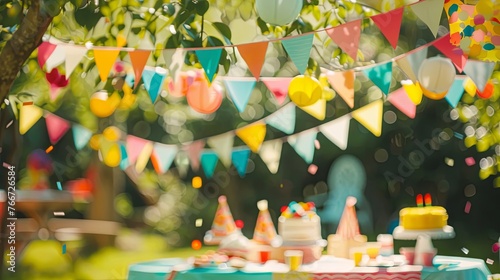 Summer birthday party on backyard with garland and cake. Background concept photo