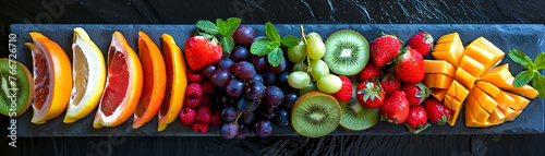 An avant garde fruit platter arranged to resemble a modern art painting with bold colors and shapes photo