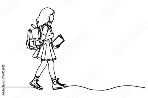 one continuous black line drawing young school girl with a backpack and carrying book Back to school concept outline doodle vector illustration on white background