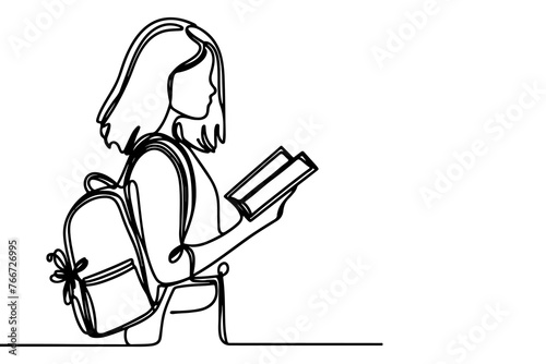 one continuous black line drawing young school girl with a backpack and carrying book Back to school concept outline doodle vector illustration on white background