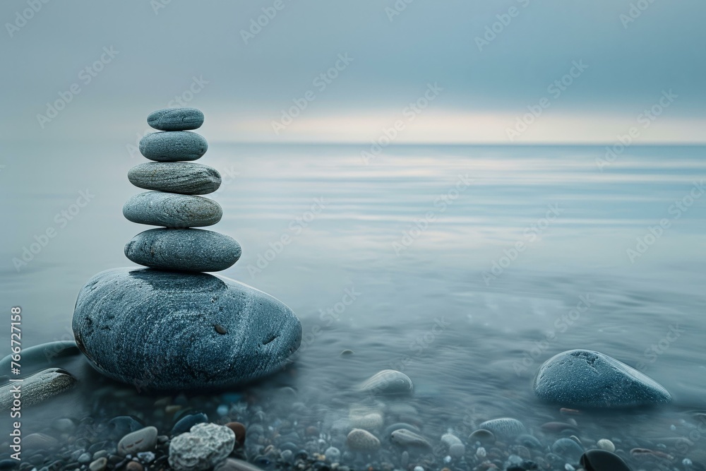 Fototapeta premium A minimalist composition of smooth stones stacked against a calm sea backdrop