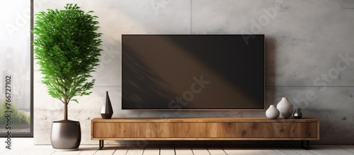 A spacious room features a sizable TV mounted on a wooden stand next to a lush potted plant