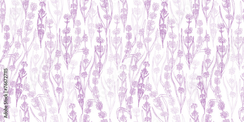 Delicate pink and violet floral seamless pattern with hand drawn sketch lavender branches. Tender pastel colours artistic print with mess of lilac for textile design, wrapping paper, wallpaper