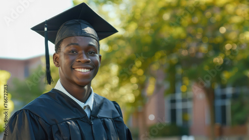 Happy young black man at a graduation ceremony room for text copy space