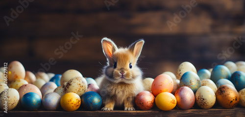 Easter bunny with eggs. Good Friday cute little rabbit sitting on the table surrounded by Paschal eggs. photo
